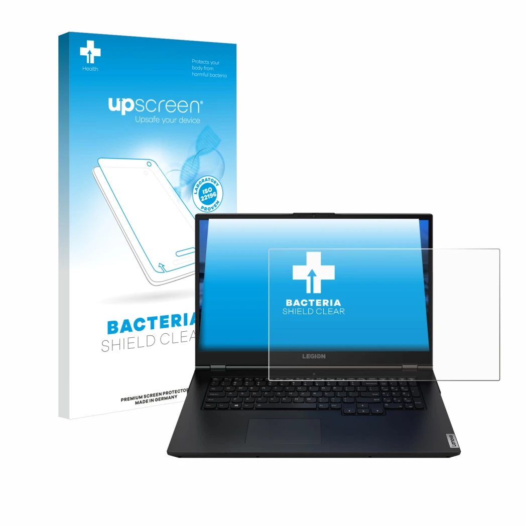 Face avant d’un emballage produit avec le logo de la marque upscreen. À côté, l’appareil Lenovo Legion 5 15.6