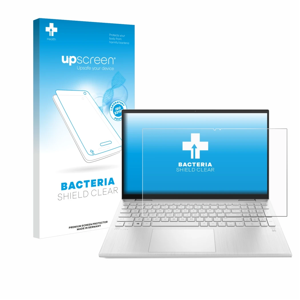 Face avant d’un emballage produit avec le logo de la marque upscreen. À côté, l’appareil HP Pavilion x360 (15-erX) est représe