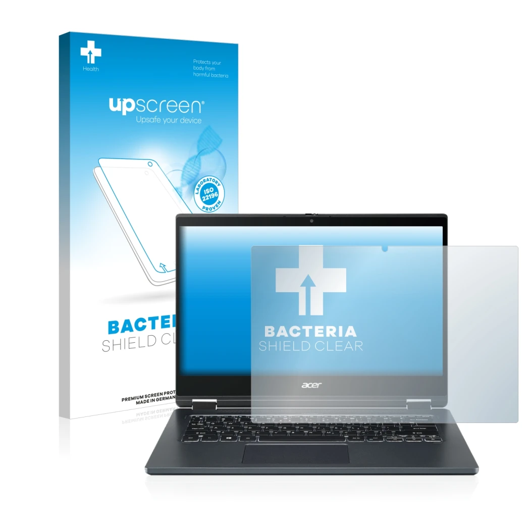 Face avant d’un emballage produit avec le logo de la marque upscreen. À côté, l’appareil Acer TravelMate Spin P4 14