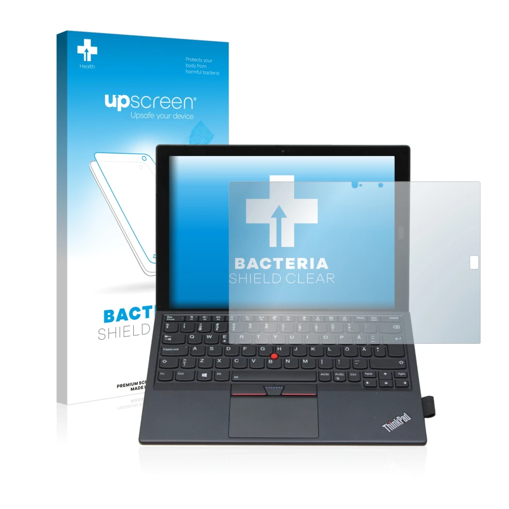 Face avant d’un emballage produit avec le logo de la marque upscreen. À côté, l’appareil Lenovo ThinkPad X1 Tablet Gen 2 est r