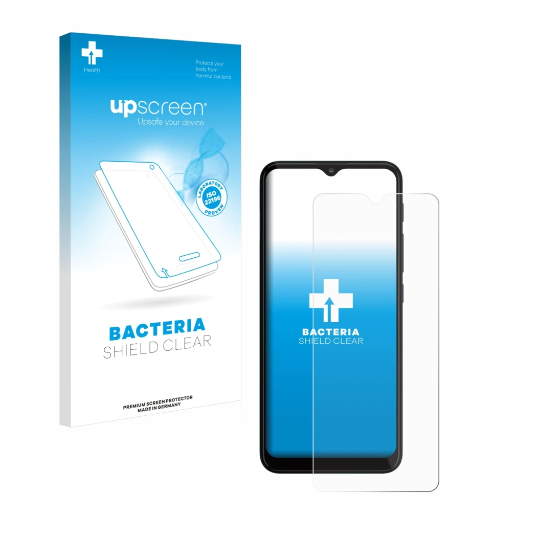 Face avant d’un emballage produit avec le logo de la marque upscreen. À côté, l’appareil Motorola Moto G20 est représenté avec