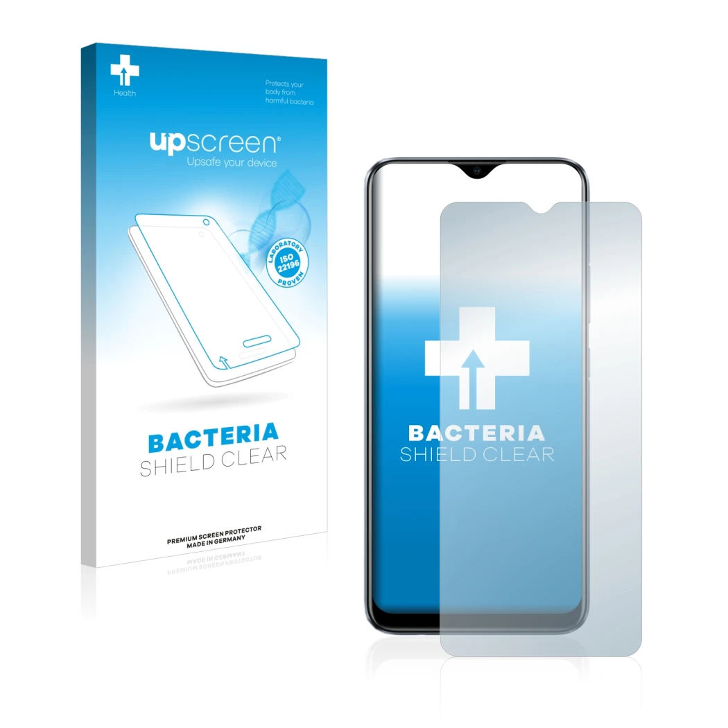 Face avant d’un emballage produit avec le logo de la marque upscreen. À côté, l’appareil realme C11 2021 est représenté avec l