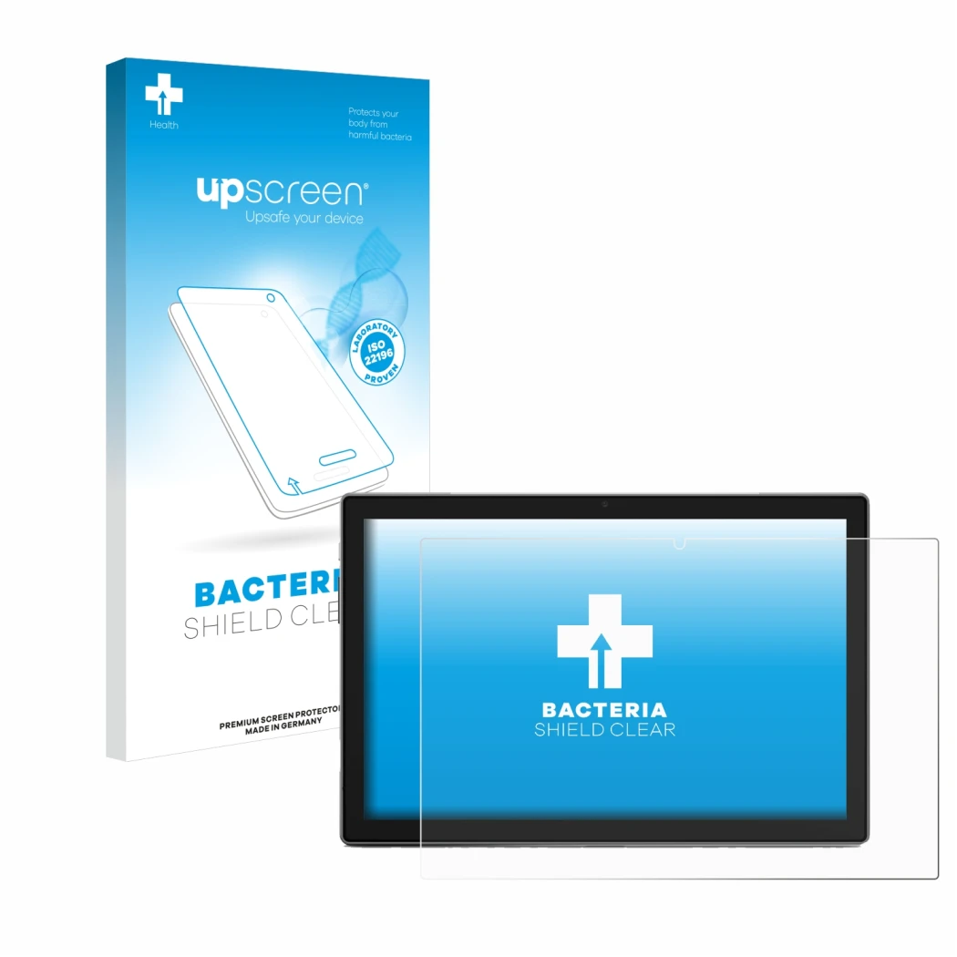 Face avant d’un emballage produit avec le logo de la marque upscreen. À côté, l’appareil Blackview Tab 9 est représenté avec l
