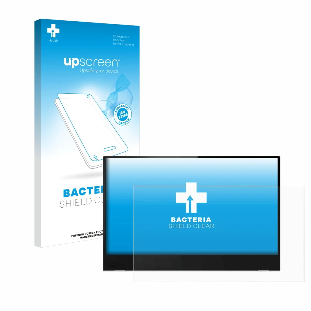 Face avant d’un emballage produit avec le logo de la marque upscreen. À côté, l’appareil Lenovo ThinkVision M14t est représent