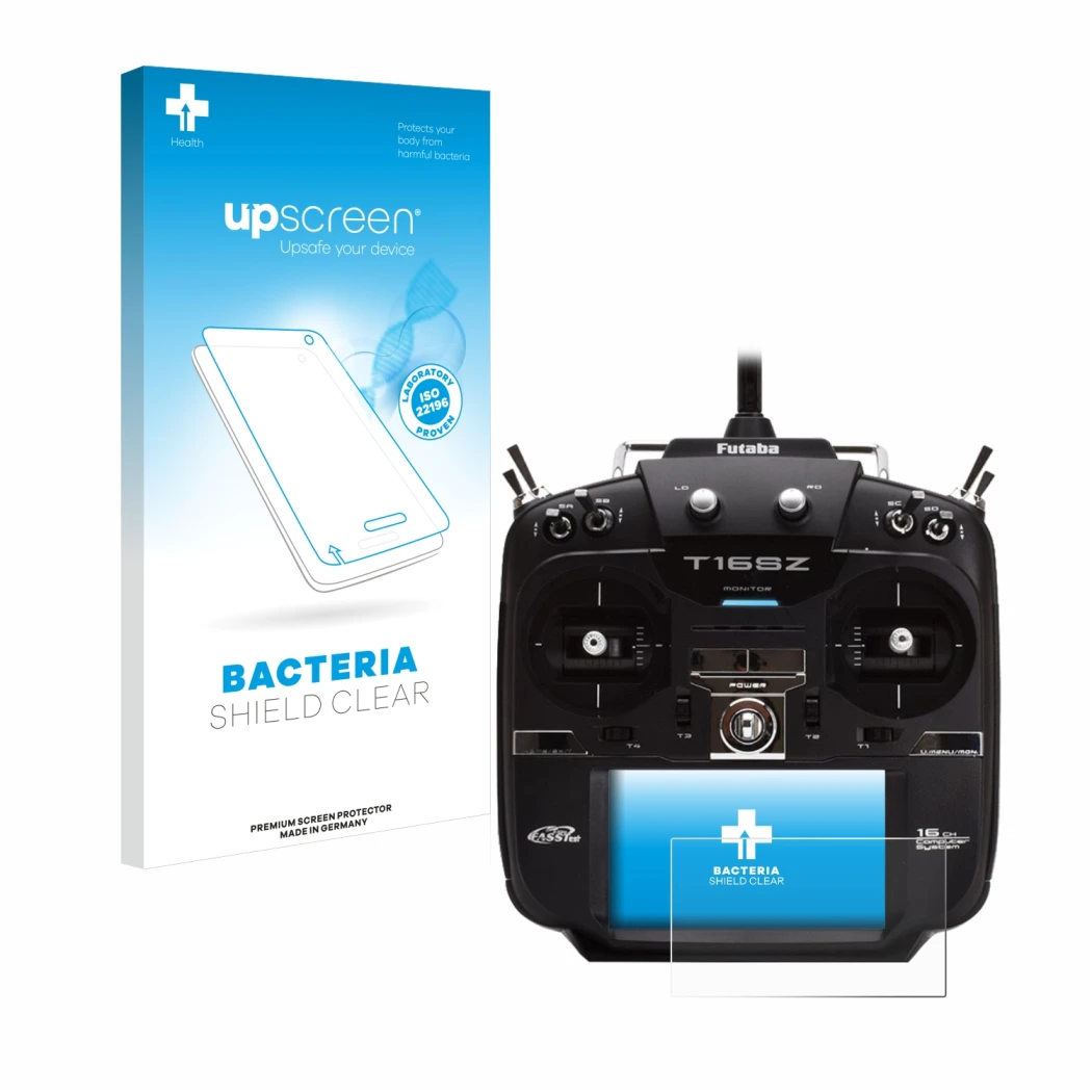 Face avant d’un emballage produit avec le logo de la marque upscreen. À côté, l’appareil Robbe Futaba T16IZ est représenté ave