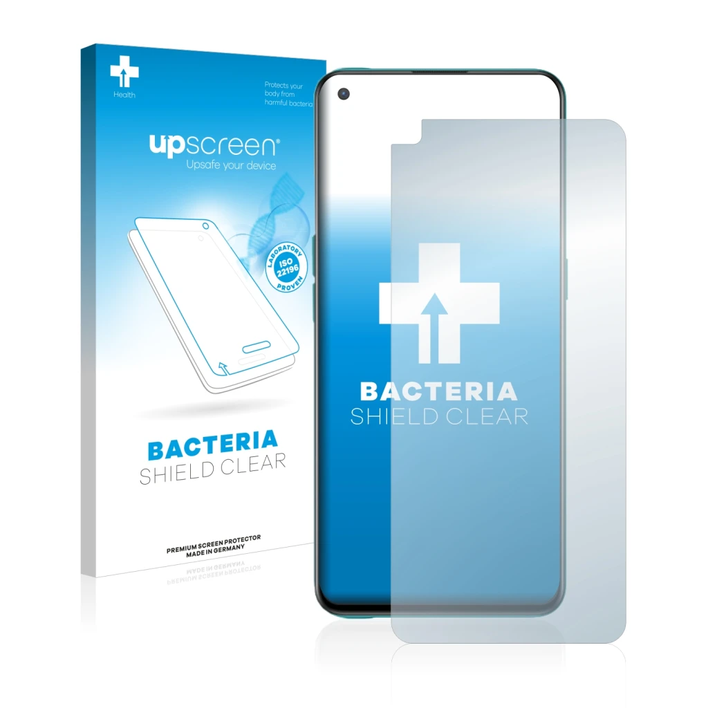 Face avant d’un emballage produit avec le logo de la marque upscreen. À côté, l’appareil OnePlus Nord CE 5G est représenté ave