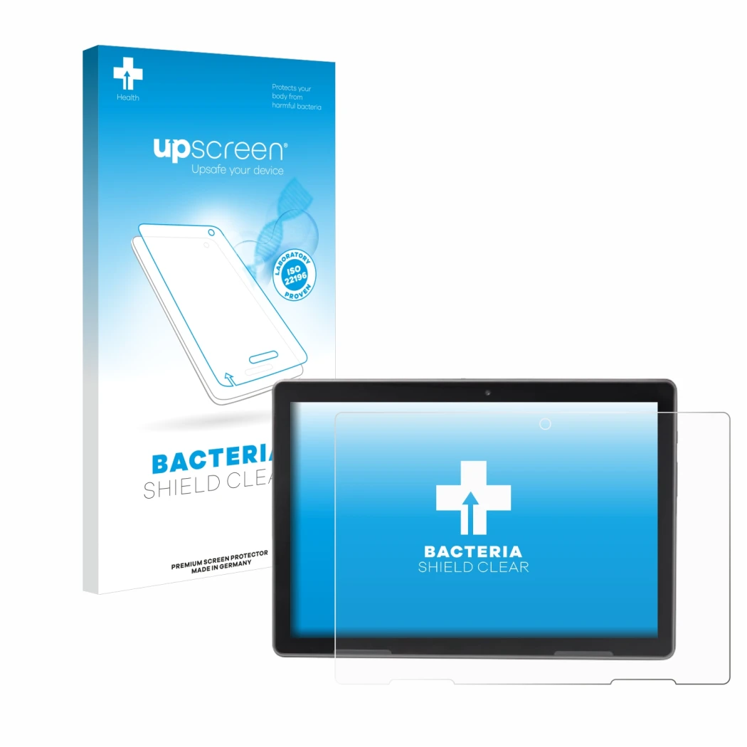 Face avant d’un emballage produit avec le logo de la marque upscreen. À côté, l’appareil MEDION Lifetab P10912 est représenté