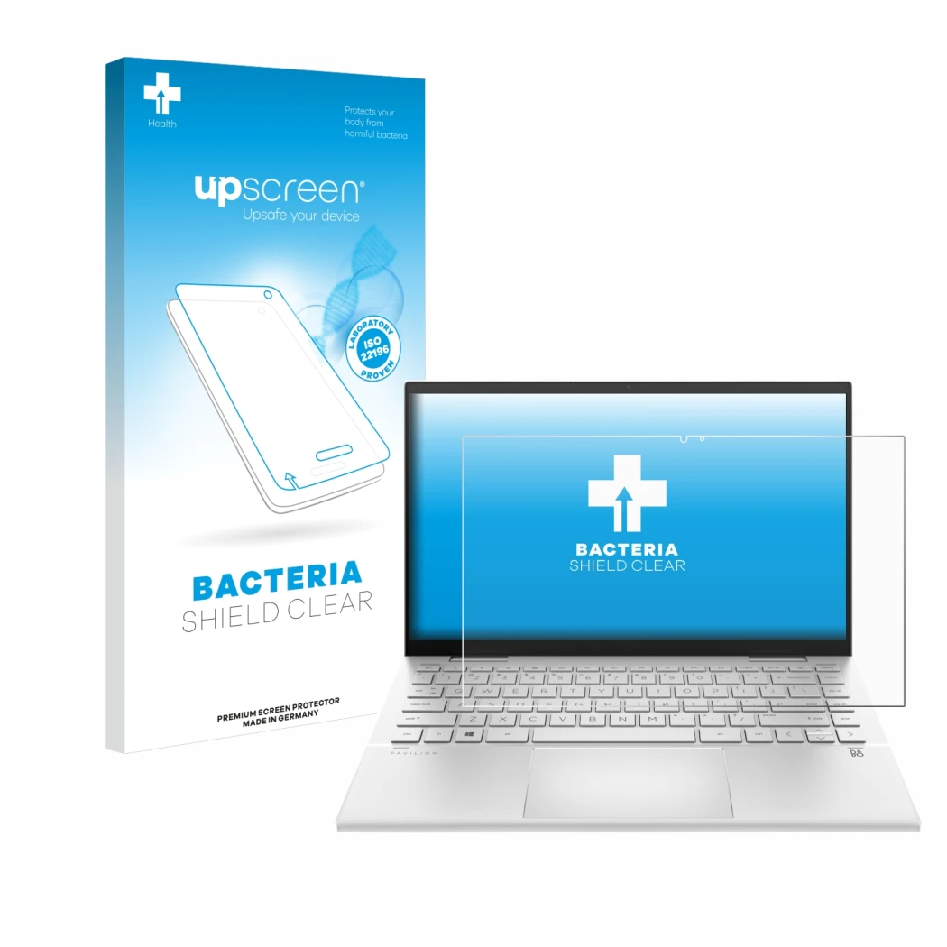 Face avant d’un emballage produit avec le logo de la marque upscreen. À côté, l’appareil HP Pavilion x360 (14-dyX) est représe