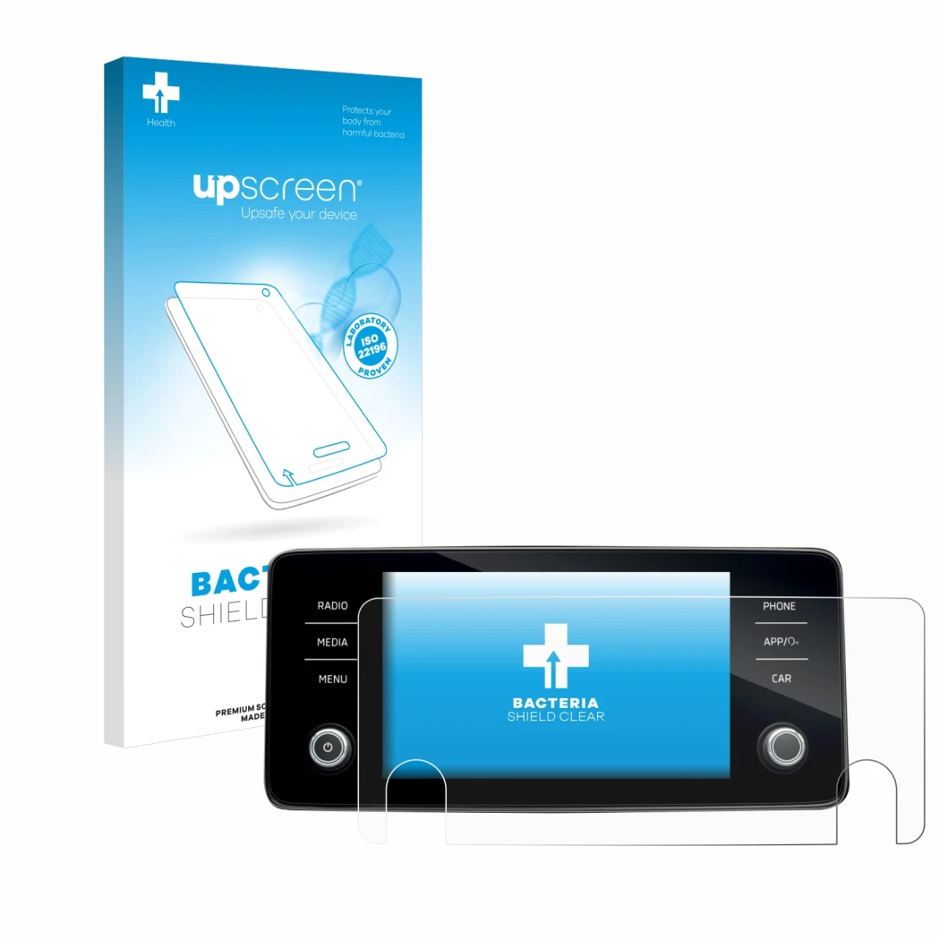 Face avant d’un emballage produit avec le logo de la marque upscreen. À côté, l’appareil Skoda Bolero 2020 Infotainment System