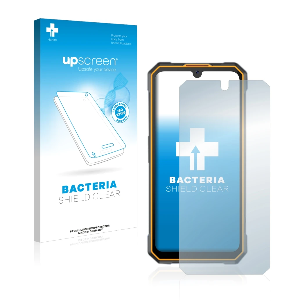 Face avant d’un emballage produit avec le logo de la marque upscreen. À côté, l’appareil Cubot King Kong 5 est représenté avec