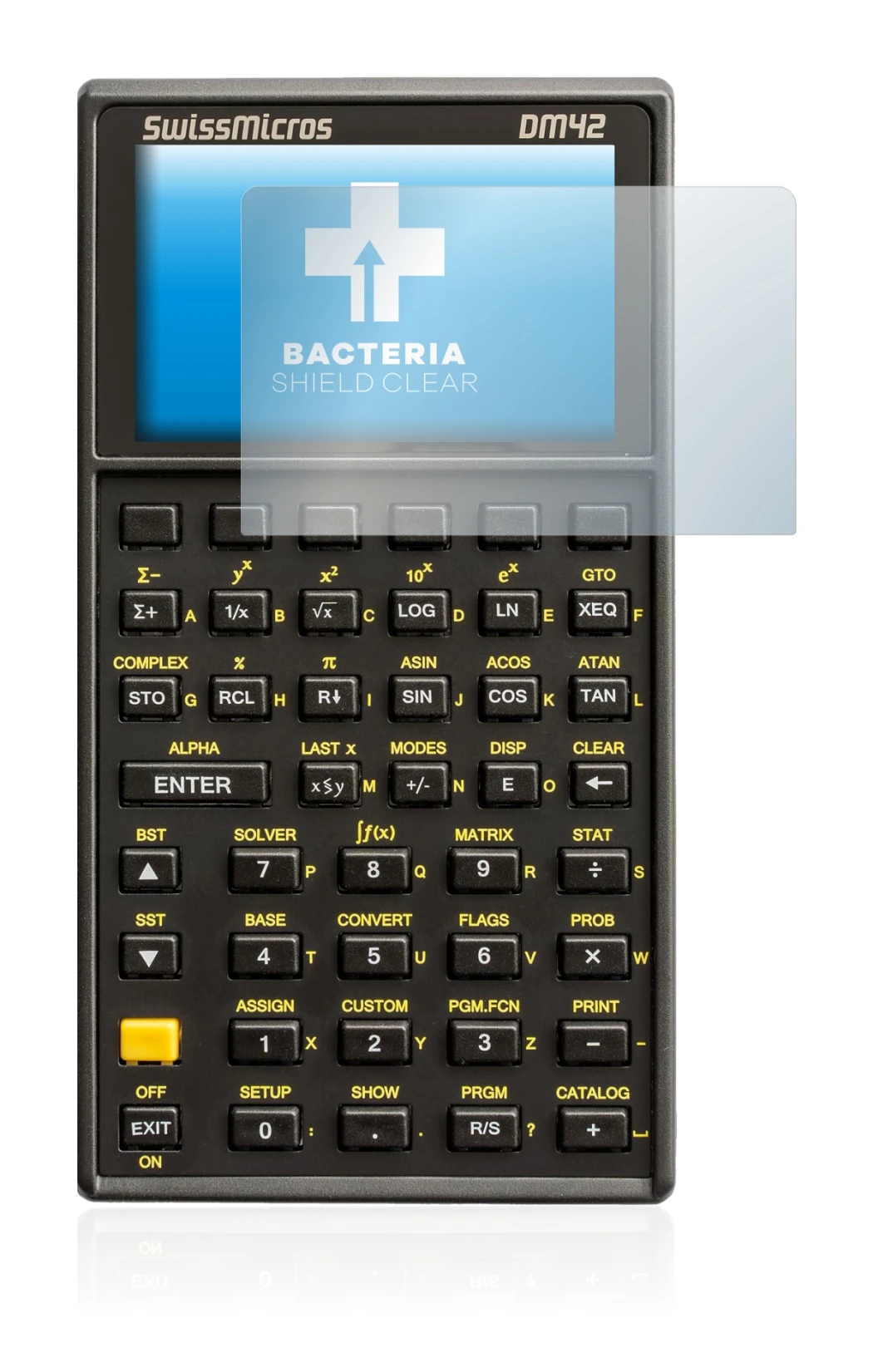 Image de l'appareil SwissMicros DM42 avec une grande variété de protections d'écran.