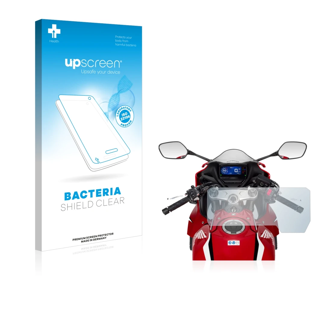Face avant d’un emballage produit avec le logo de la marque upscreen. À côté, l’appareil Honda CBR650R 2019-2021 est représent