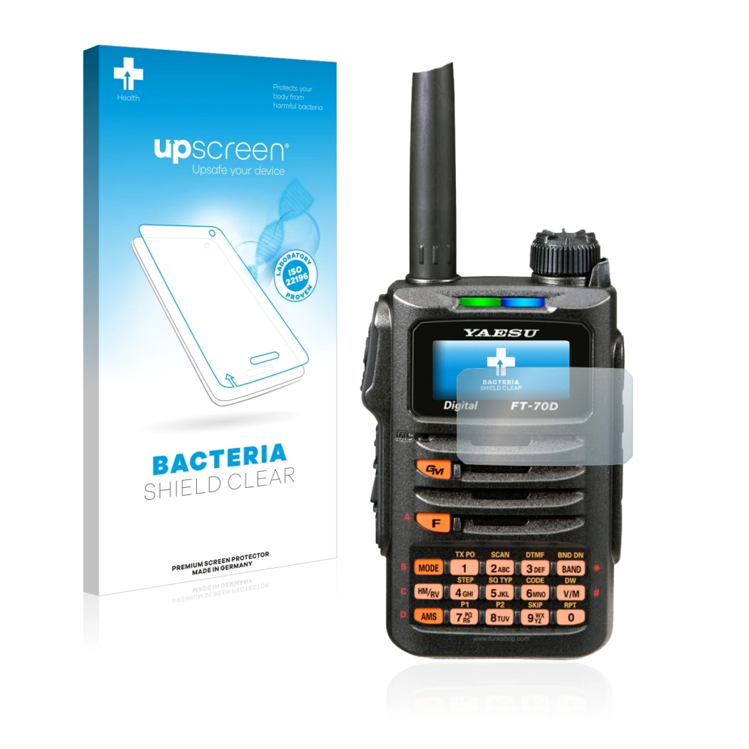 Face avant d’un emballage produit avec le logo de la marque upscreen. À côté, l’appareil Yaesu FT-70DR est représenté avec la