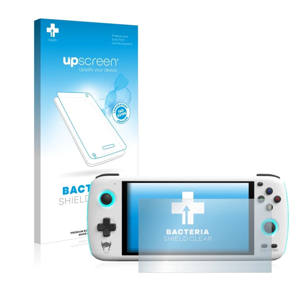 Face avant d’un emballage produit avec le logo de la marque upscreen. À côté, l’appareil AYN Odin est représenté avec la prote