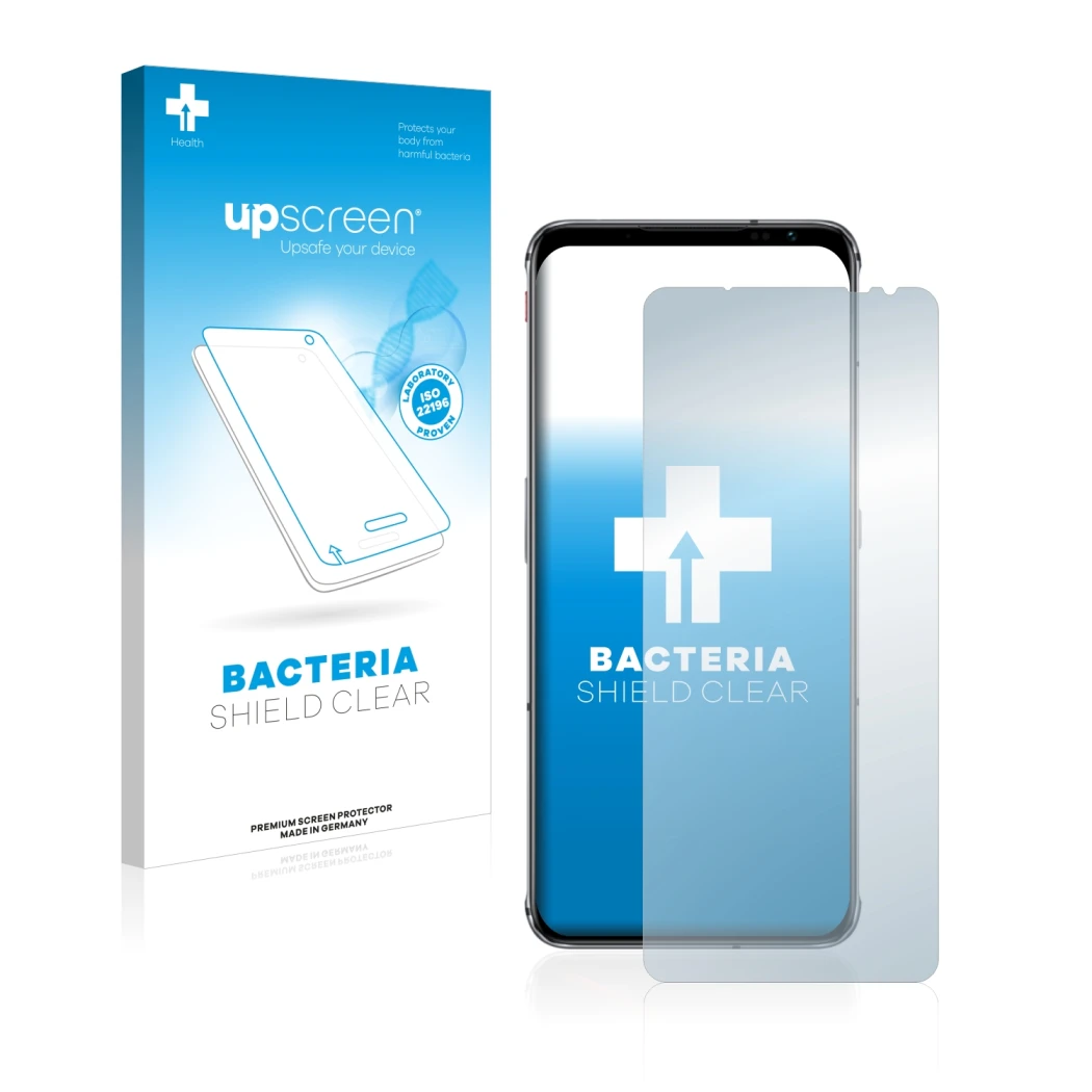 Face avant d’un emballage produit avec le logo de la marque upscreen. À côté, l’appareil ZTE Nubia Red Magic 6s Pro est représ