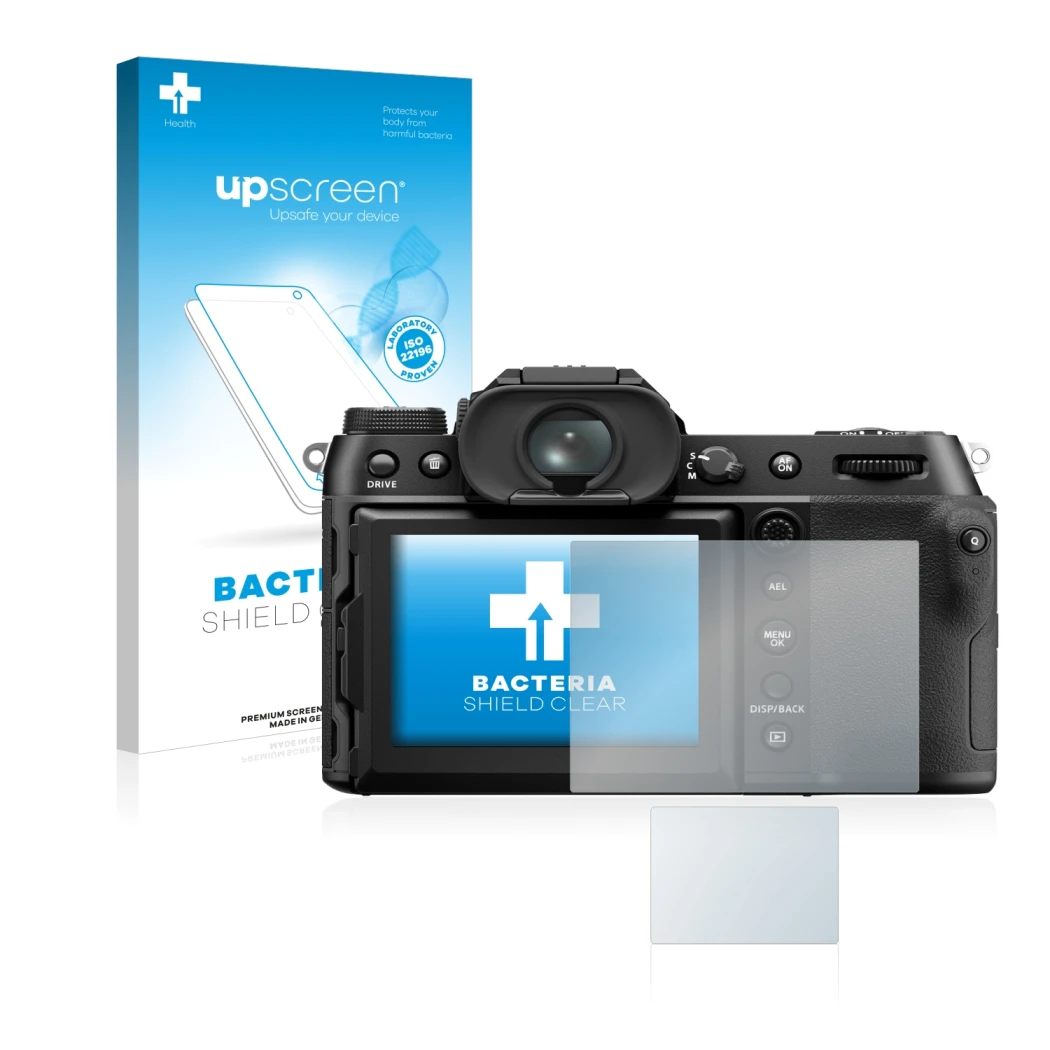 Face avant d’un emballage produit avec le logo de la marque upscreen. À côté, l’appareil Fujifilm GFX50S II est représenté ave