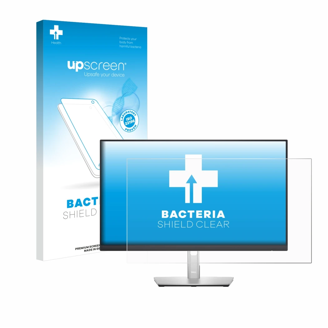 Face avant d’un emballage produit avec le logo de la marque upscreen. À côté, l’appareil Dell P2422H est représenté avec la pr