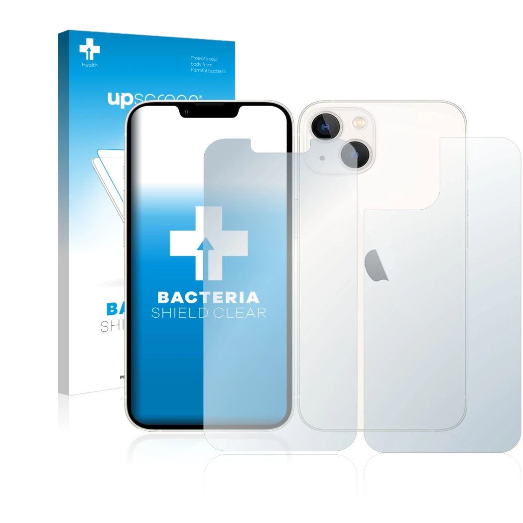 Face avant d’un emballage produit avec le logo de la marque upscreen. À côté, l’appareil Apple iPhone 13 (Avant+Arrière) est r