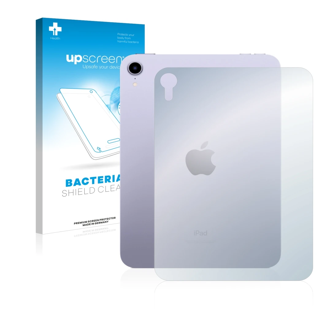 Face avant d’un emballage produit avec le logo de la marque upscreen. À côté, l’appareil Apple iPad Mini 6 WiFi 2021 (6ème gén