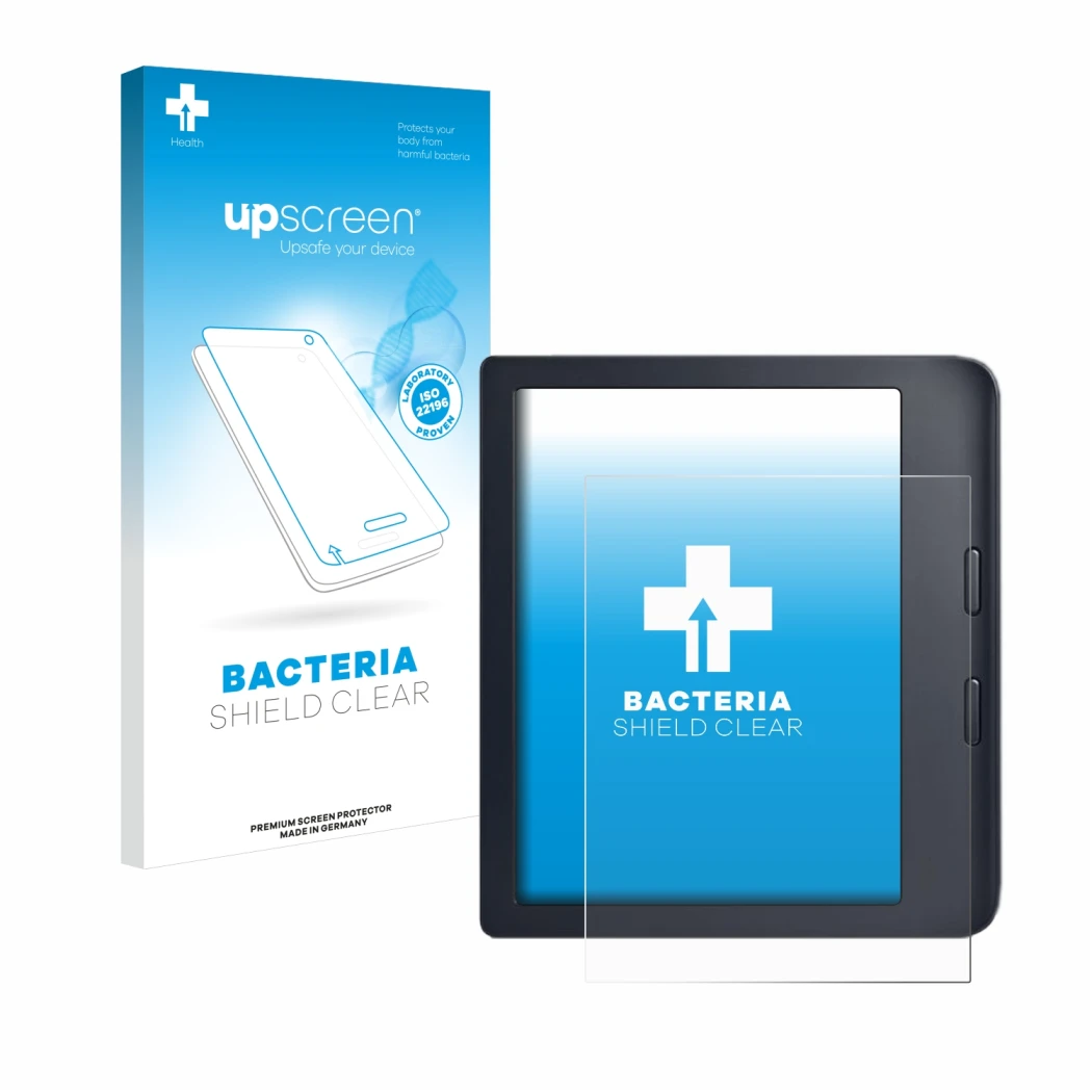 Face avant d’un emballage produit avec le logo de la marque upscreen. À côté, l’appareil Kobo Libra 2 est représenté avec la p