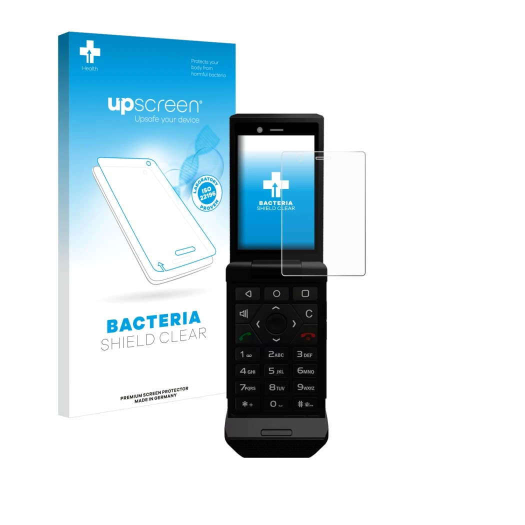 Face avant d’un emballage produit avec le logo de la marque upscreen. À côté, l’appareil Caterpillar Cat S22 Flip est représen