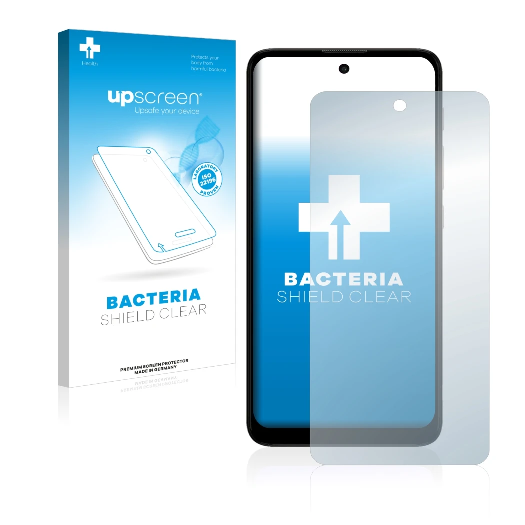 Face avant d’un emballage produit avec le logo de la marque upscreen. À côté, l’appareil Motorola Moto E40 est représenté avec