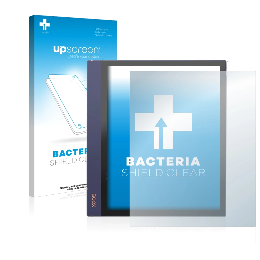 Face avant d’un emballage produit avec le logo de la marque upscreen. À côté, l’appareil Boox Note Air 2 est représenté avec l