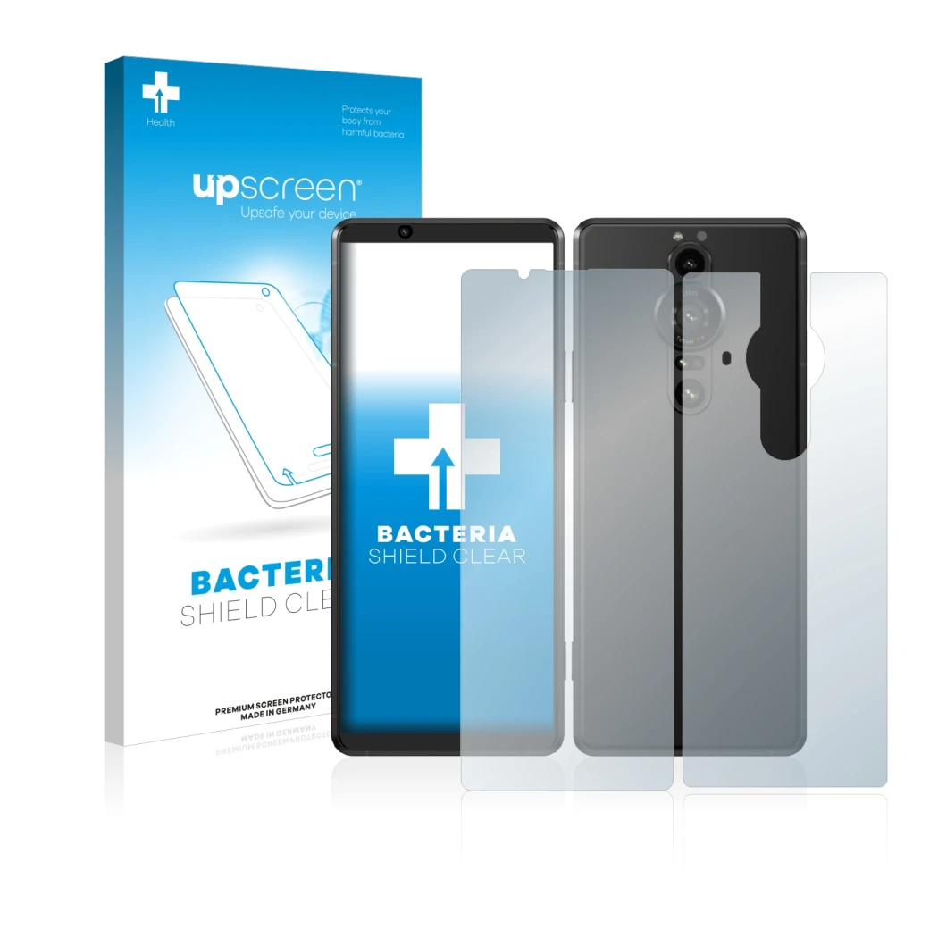 Face avant d’un emballage produit avec le logo de la marque upscreen. À côté, l’appareil Sony Xperia Pro-I (Avant+Arrière) est