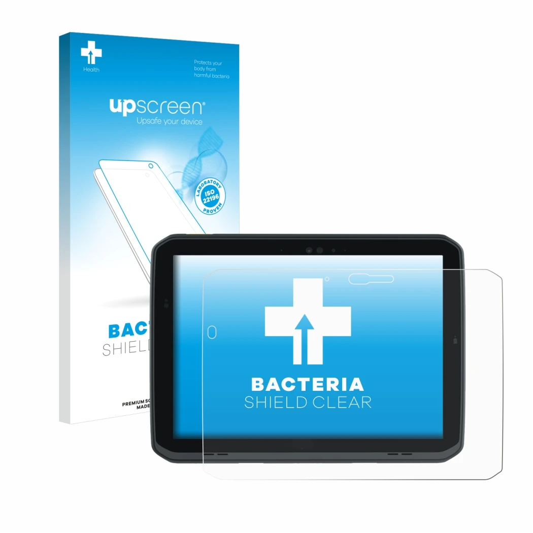Face avant d’un emballage produit avec le logo de la marque upscreen. À côté, l’appareil Zebra ET80 est représenté avec la pro