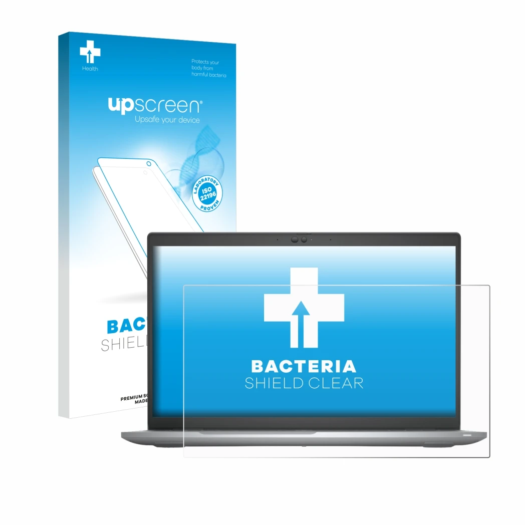 Face avant d’un emballage produit avec le logo de la marque upscreen. À côté, l’appareil Dell Latitude 5520 est représenté ave