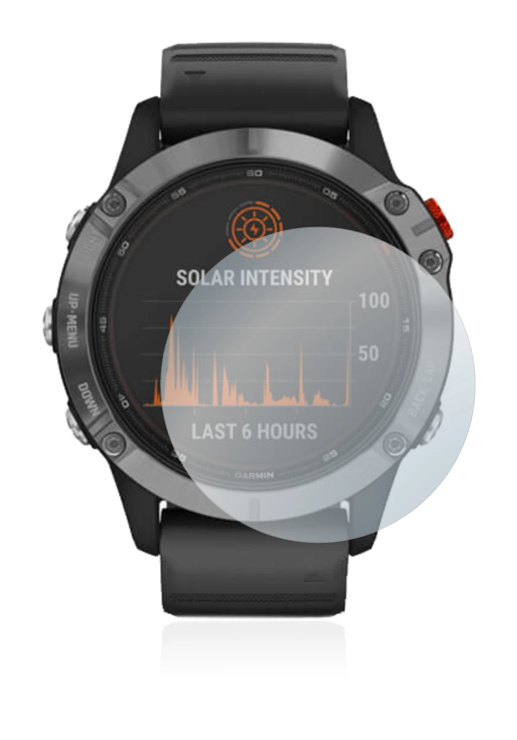Image de l'appareil Garmin Fenix 6 Solar avec une grande variété de protections d'écran.