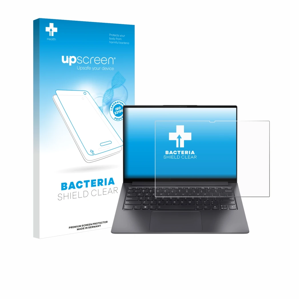 Face avant d’un emballage produit avec le logo de la marque upscreen. À côté, l’appareil Lenovo Yoga Slim 7 Pro 14