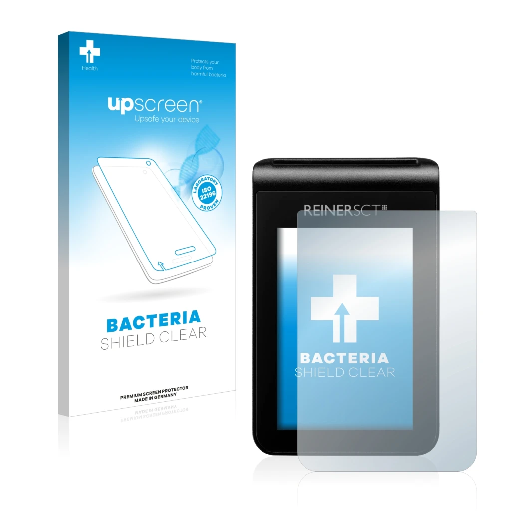 Face avant d’un emballage produit avec le logo de la marque upscreen. À côté, l’appareil REINER SCT tanJack deluxe est représe