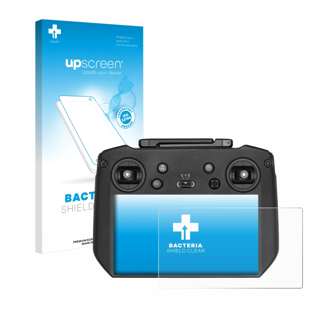 Face avant d’un emballage produit avec le logo de la marque upscreen. À côté, l’appareil DJI RC Pro est représenté avec la pro