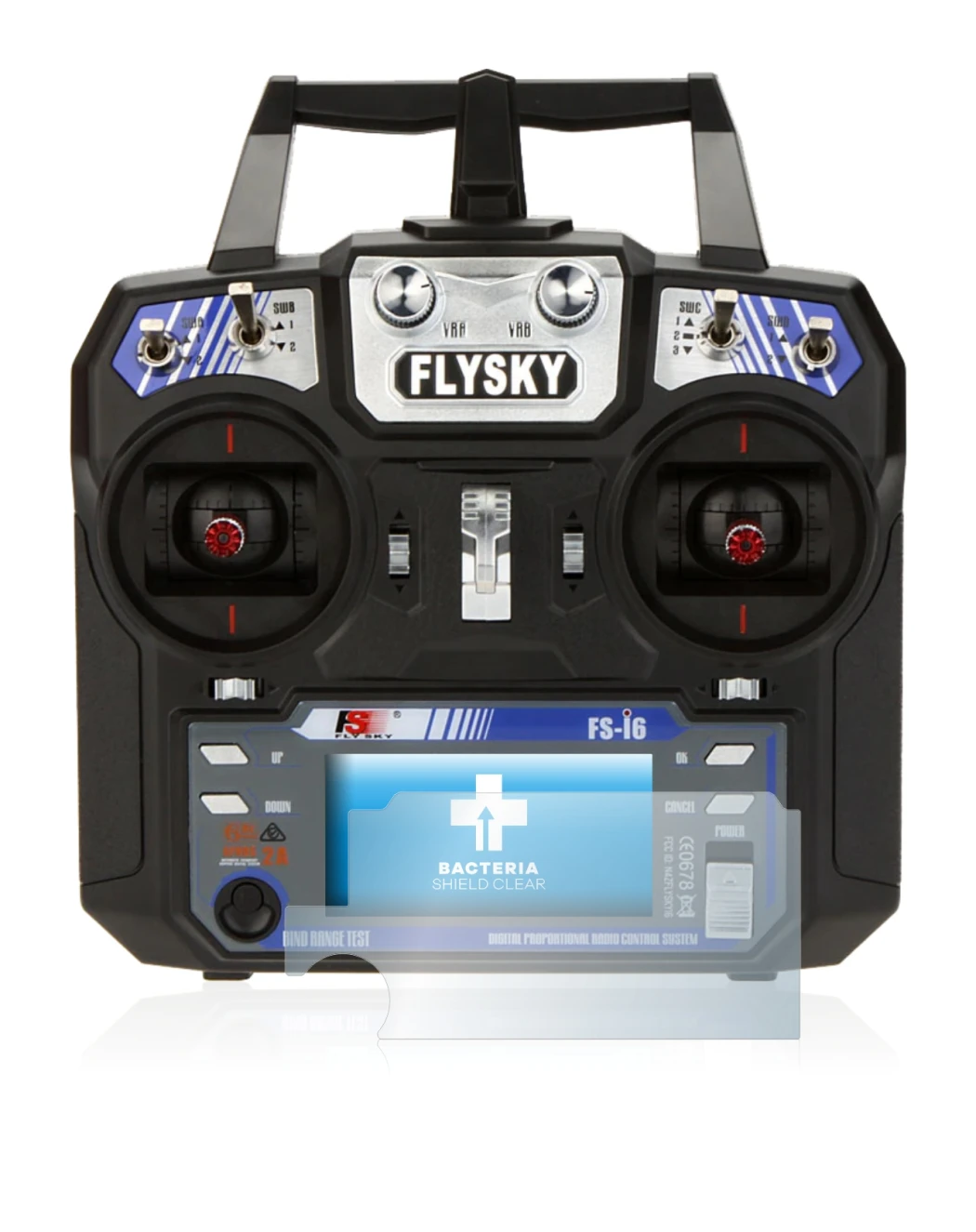 Image de l'appareil FlySky FS-i6 avec une grande variété de protections d'écran.