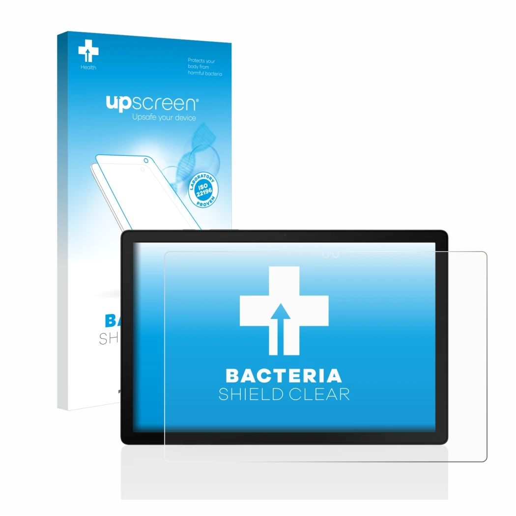 Face avant d’un emballage produit avec le logo de la marque upscreen. À côté, l’appareil Samsung Galaxy Tab A8 WiFi est représ