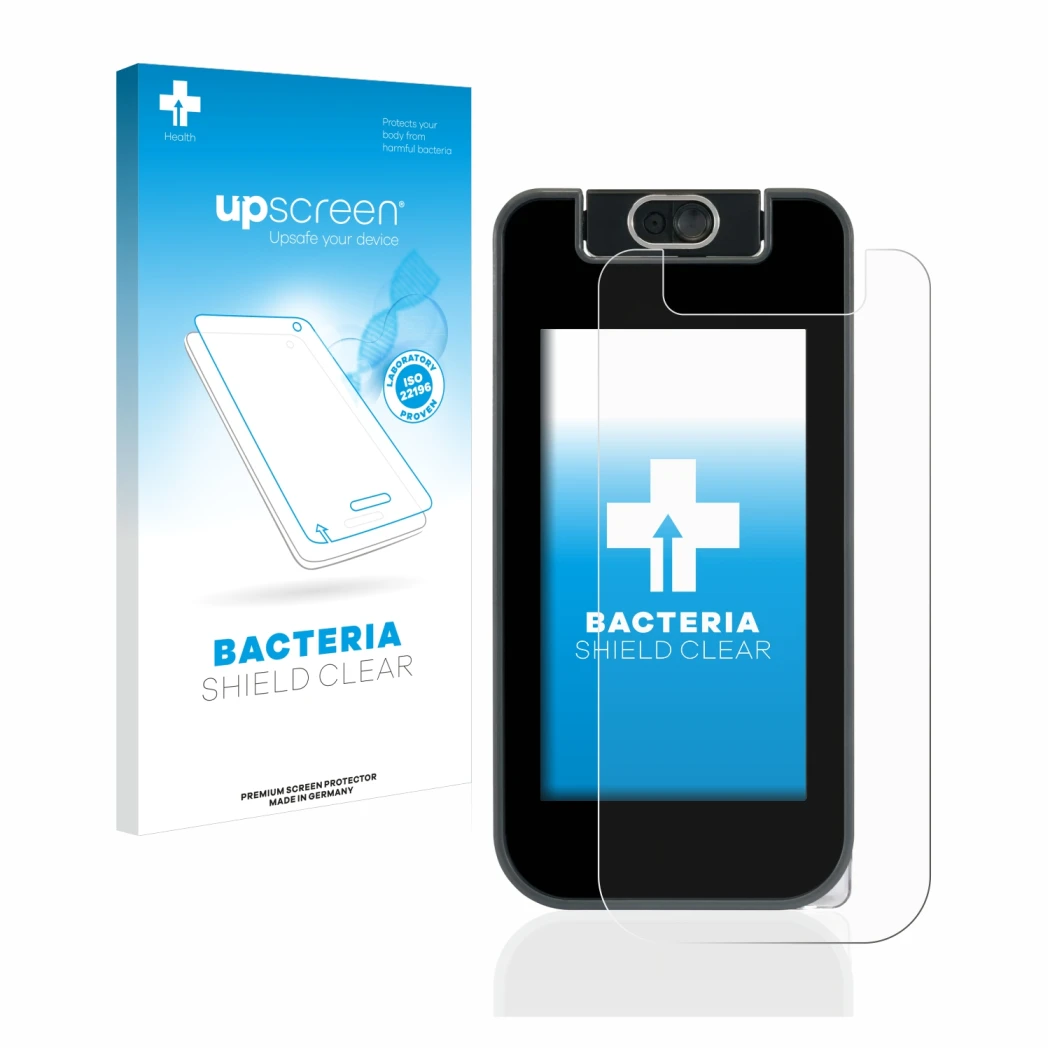 Face avant d’un emballage produit avec le logo de la marque upscreen. À côté, l’appareil Vtech Kidicom Advance 3.0 est représe