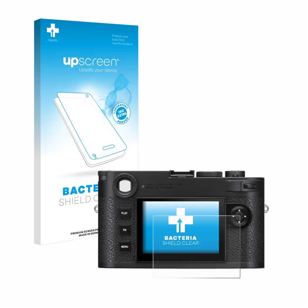 Face avant d’un emballage produit avec le logo de la marque upscreen. À côté, l’appareil Leica M11 est représenté avec la prot