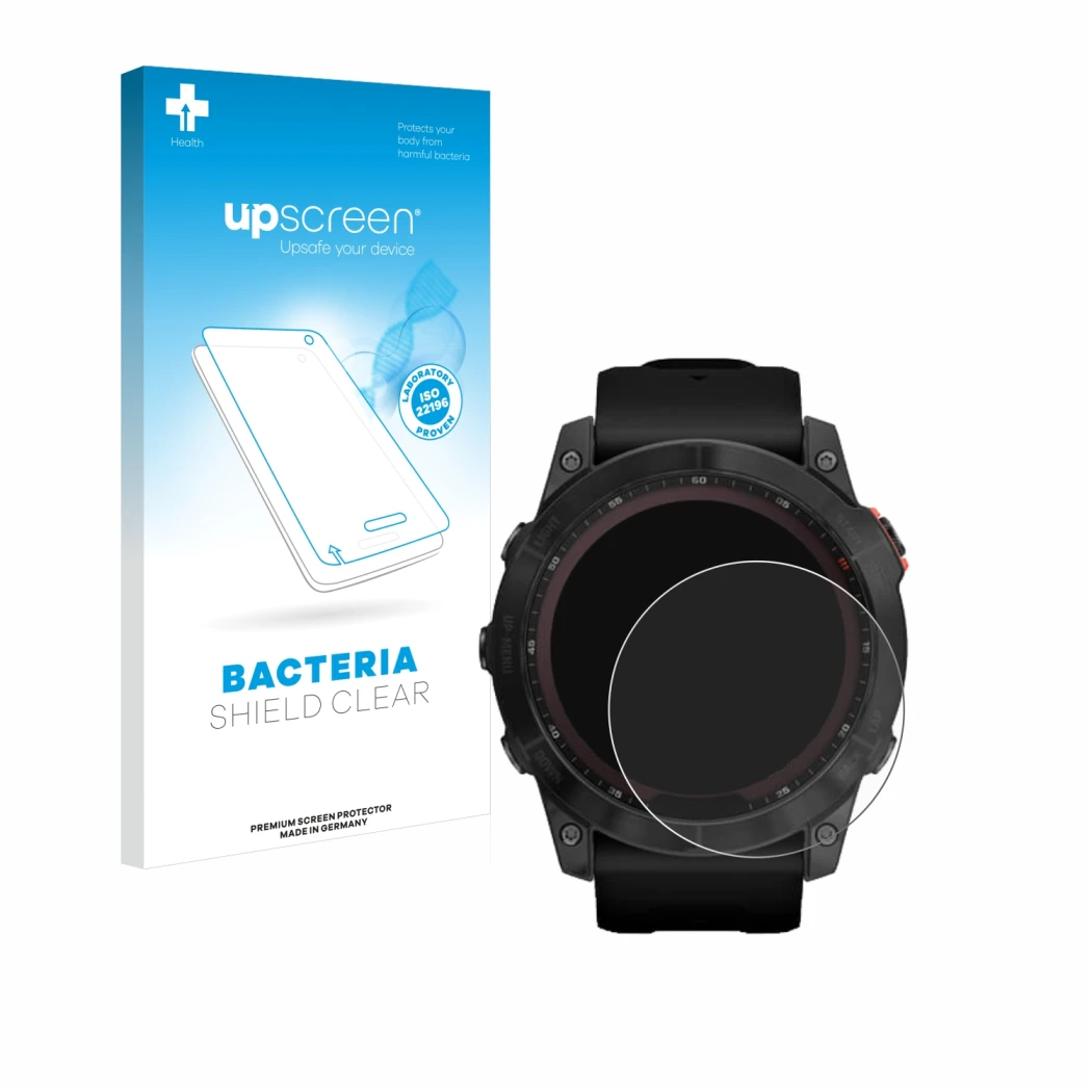 Face avant d’un emballage produit avec le logo de la marque upscreen. À côté, l’appareil Garmin Fenix 7X (51 mm) est représent