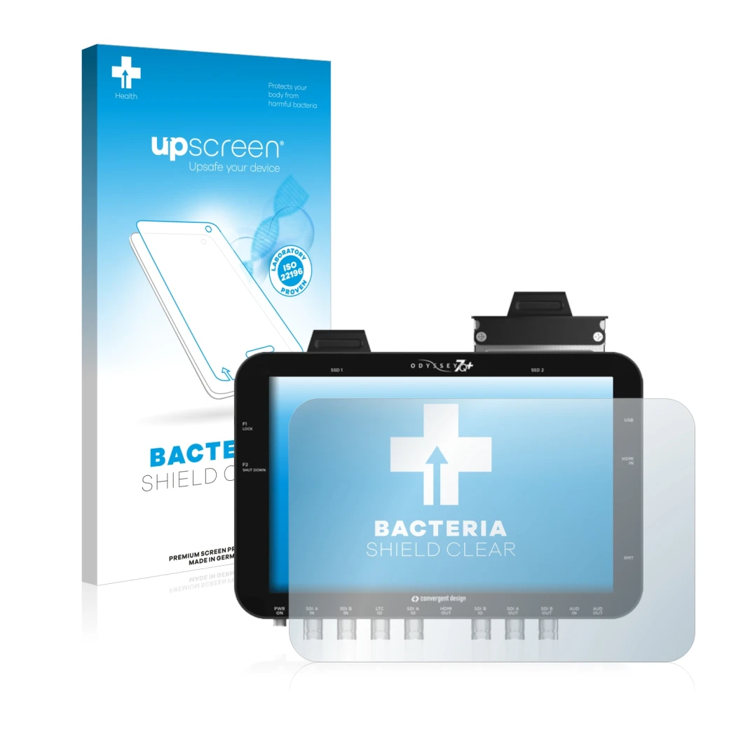 Face avant d’un emballage produit avec le logo de la marque upscreen. À côté, l’appareil Convergent Design Odyssey 7Q+ est rep