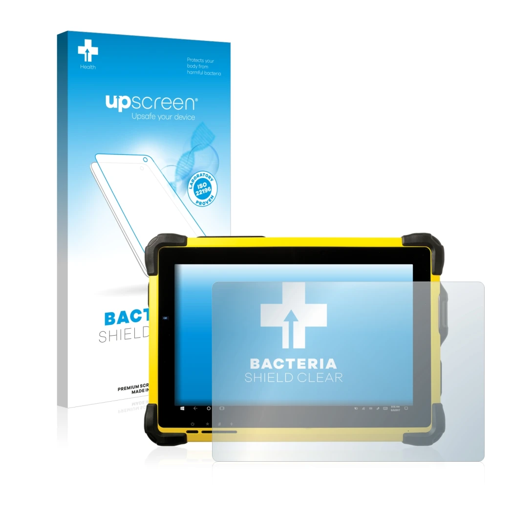 Face avant d’un emballage produit avec le logo de la marque upscreen. À côté, l’appareil Trimble T10 est représenté avec la pr