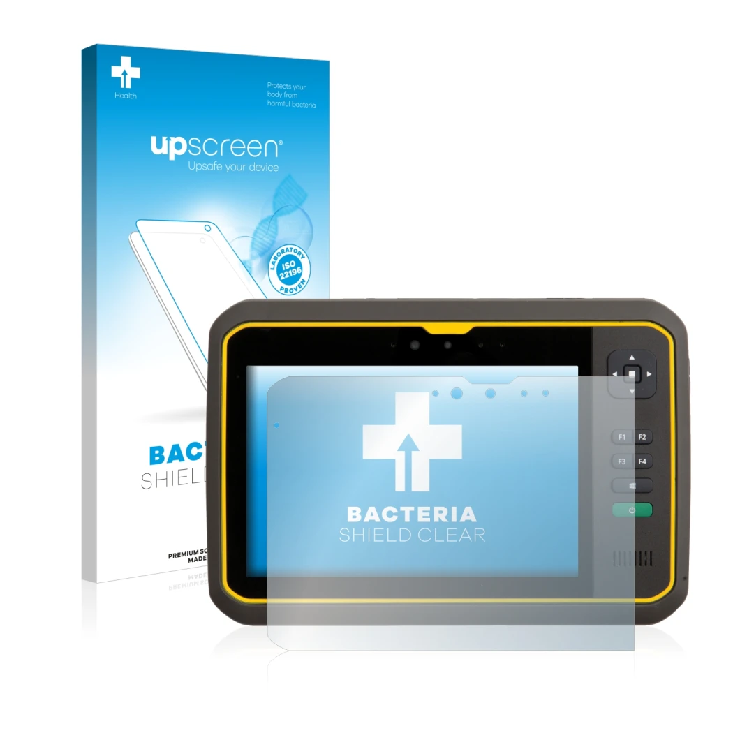 Face avant d’un emballage produit avec le logo de la marque upscreen. À côté, l’appareil Trimble T7 est représenté avec la pro