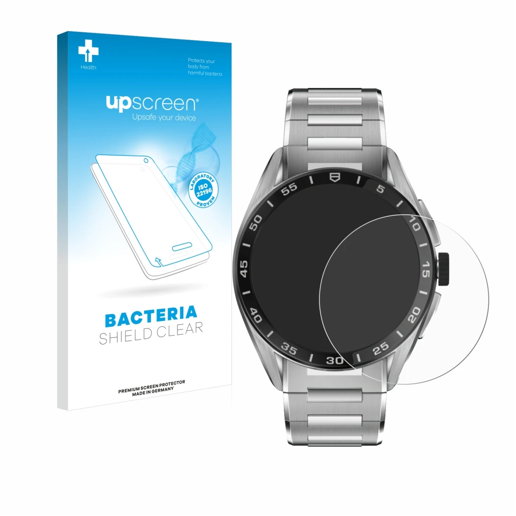 Face avant d’un emballage produit avec le logo de la marque upscreen. À côté, l’appareil TAG Heuer Connected Calibre E4 (45 mm