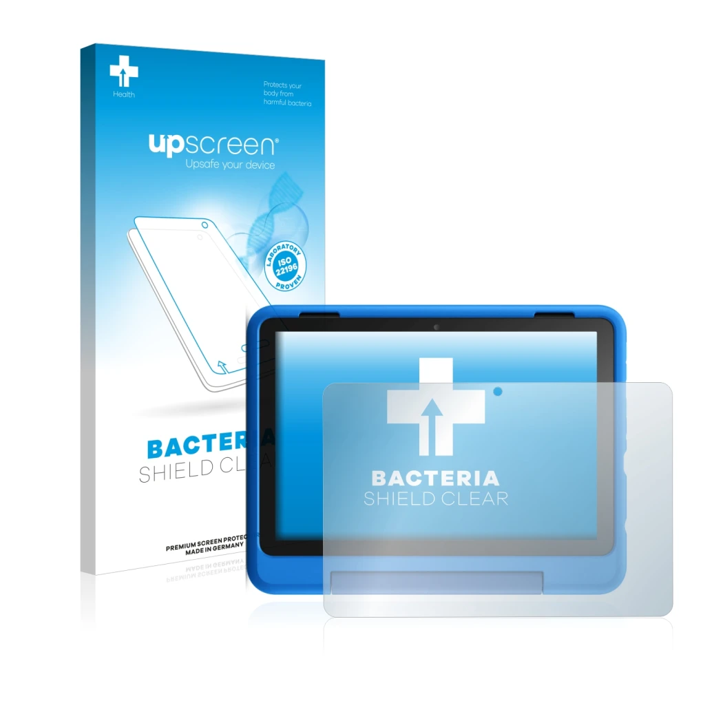 Face avant d’un emballage produit avec le logo de la marque upscreen. À côté, l’appareil Amazon Fire HD 8 Kids Pro Edition 202