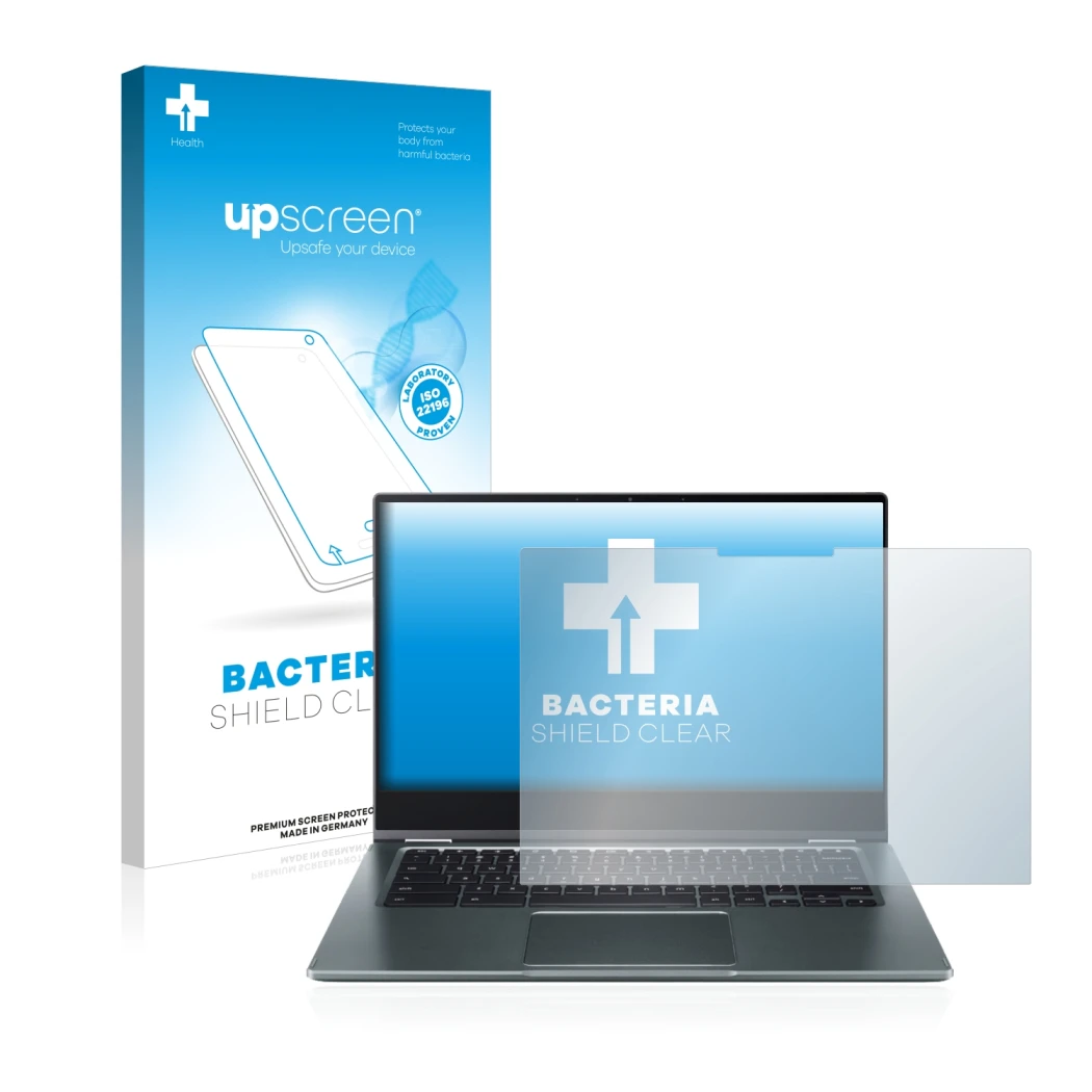 Face avant d’un emballage produit avec le logo de la marque upscreen. À côté, l’appareil Acer Chromebook Spin 514 est représen