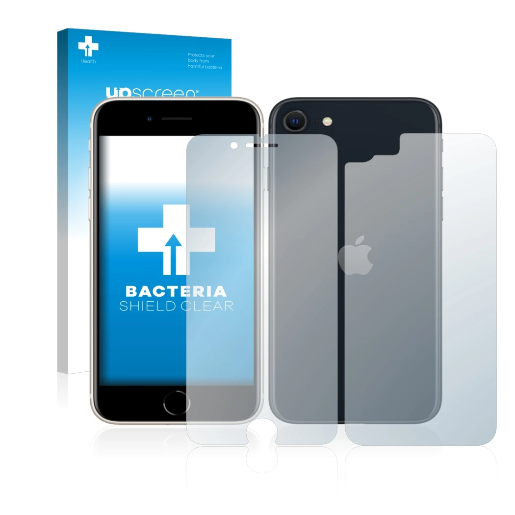 Face avant d’un emballage produit avec le logo de la marque upscreen. À côté, l’appareil Apple iPhone SE 3 2022 (Avant+Arrière