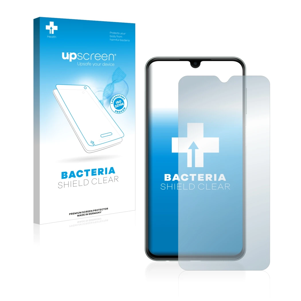 Face avant d’un emballage produit avec le logo de la marque upscreen. À côté, l’appareil Samsung Galaxy M33 est représenté ave