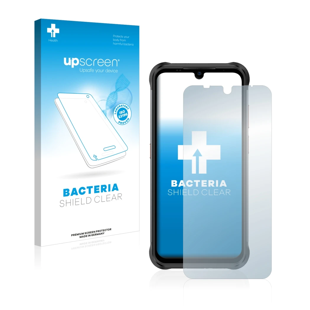 Face avant d’un emballage produit avec le logo de la marque upscreen. À côté, l’appareil Ulefone Power Armor 14 Pro est représ