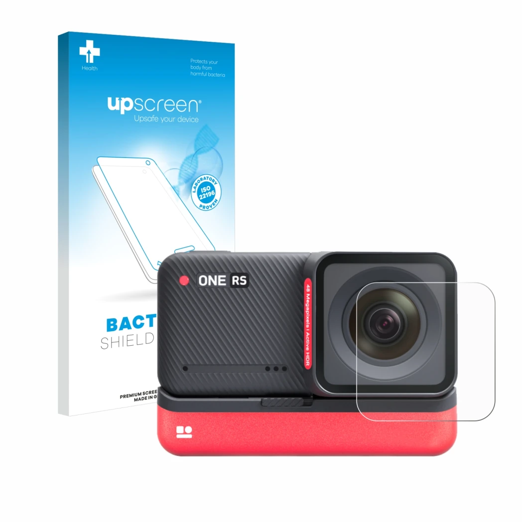 Face avant d’un emballage produit avec le logo de la marque upscreen. À côté, l’appareil Insta360 One RS 4K Edition (Lentille)