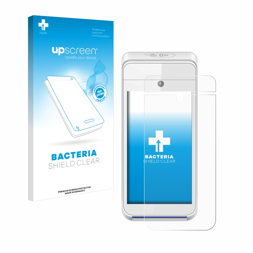 Face avant d’un emballage produit avec le logo de la marque upscreen. À côté, l’appareil Pax A920 est représenté avec la prote